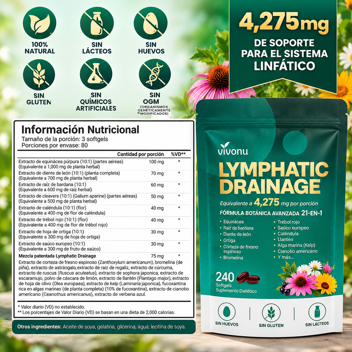 VivoNu Lymphatic 21-en-1 | Soporte Linfático Herbal con 240 cápsulas